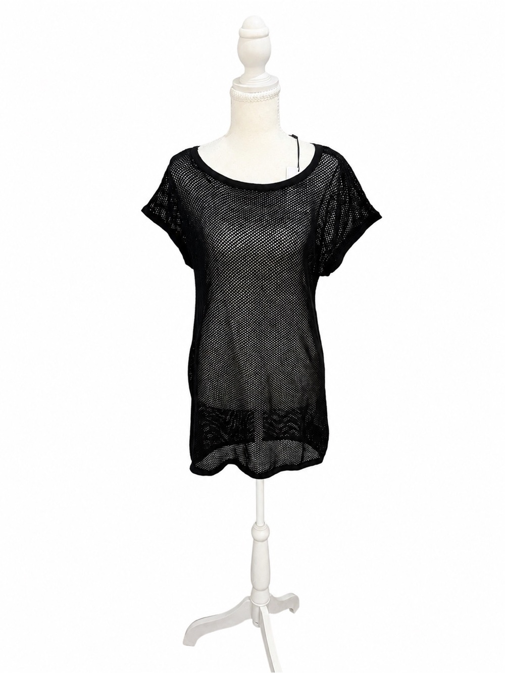Halston Studio Black Mesh Knit Coverup Sweater NWT XS Sheer Fishnet Tunic